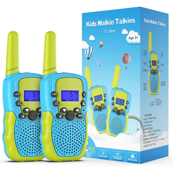 Walkie Talkie -lapset pojille, 8 kanavaa, 2-suuntainen radio VOX-toiminnon ja LED-taskulampun kanssa, 3 mailin kantama ulkoiluseikkailuihin, leirintään (sininen-vihreä)