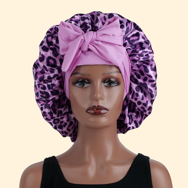 Leopardmønstret sateng sovehette med bred kant og sløyfebånd Purple Leopard Print