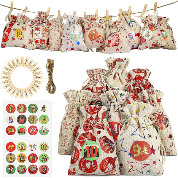 Sæt med 24 julelærreds juleposer med spændesnor