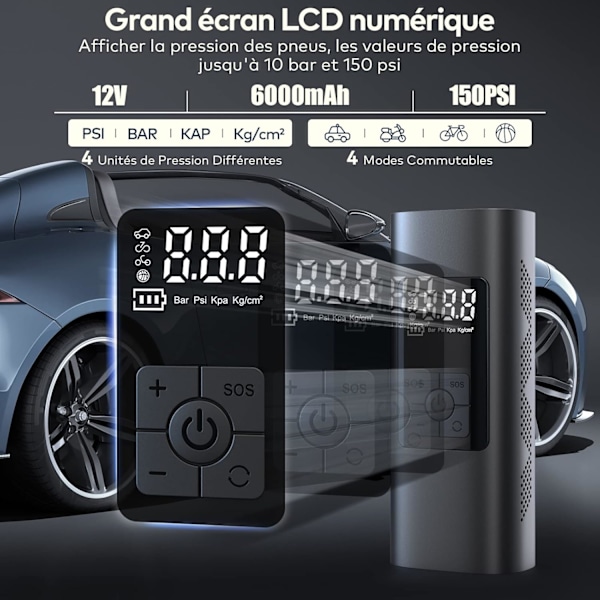 6000mAh Mini Elektrisk Luftpump, Bärbar Luftkompressor Sladdlös Däckpump 150PSI med Digital LCD-display, Elektrisk Cykelpump med LED-ljus