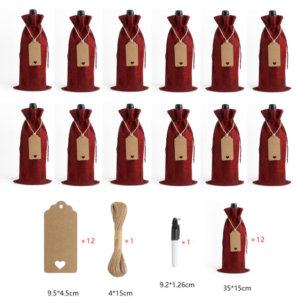 12 stykkes burlap vinpose med snøre (rød)