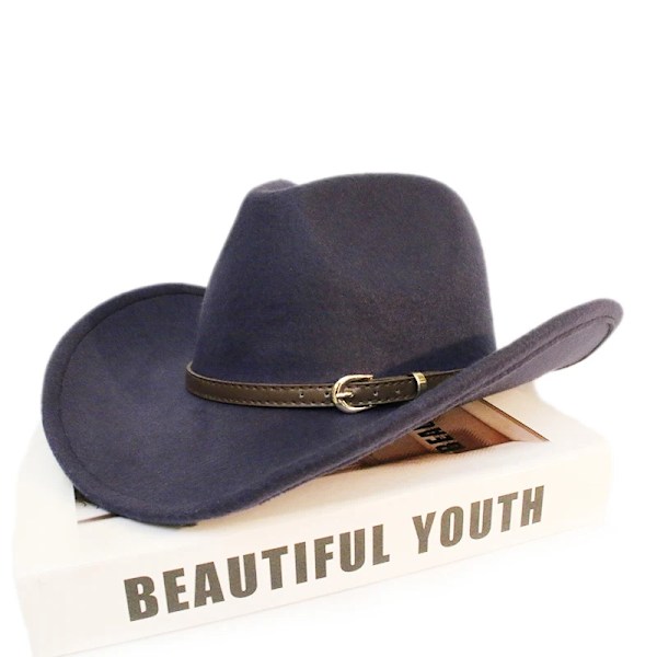 Retro kaffeläderband Foreldre barn Kvinner Menn Barn Ull Bred brem Cowboy Western Hatt Cowgirl Cap 54 57 61cm Navy