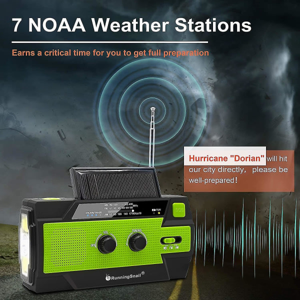 Runningsnail Emergency Crank Radio 4000mAh Solar Hand Crank Bärbar AM/FM/NOAA väderradio med 1W