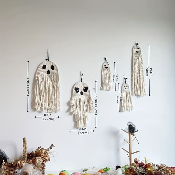 Håndvævet Spøgelse Bomuldsreb Hængende Dekoration – Halloween Fest Boho Makrame Ornament Ghost Wave