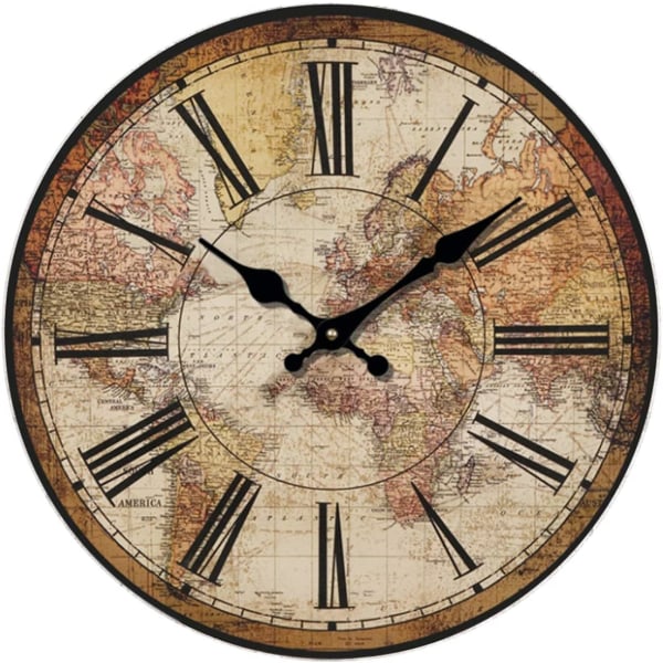 Retro väggklocka, Vintage World Compass Map Travel Lover Inch