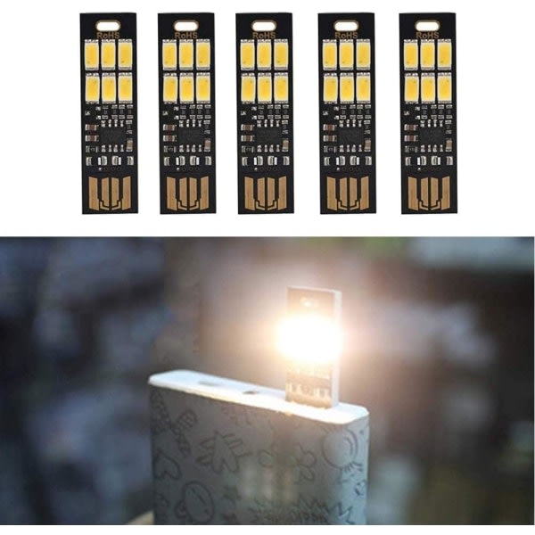 Global 5 USB LED-lampe til bærebare tangentbord, superlys med 6 lysdioder og en nøgledimmer for justera lyset, hænger på nøglering (varmvit)