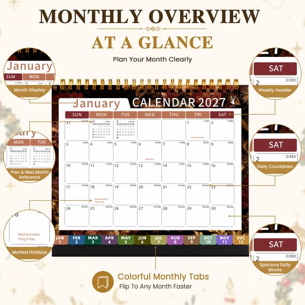 2027 Engelsk Bordkalender med Vane-tracker, Månedlig Planlægger, Nedtælling, Guldfolie Blue Star Moon