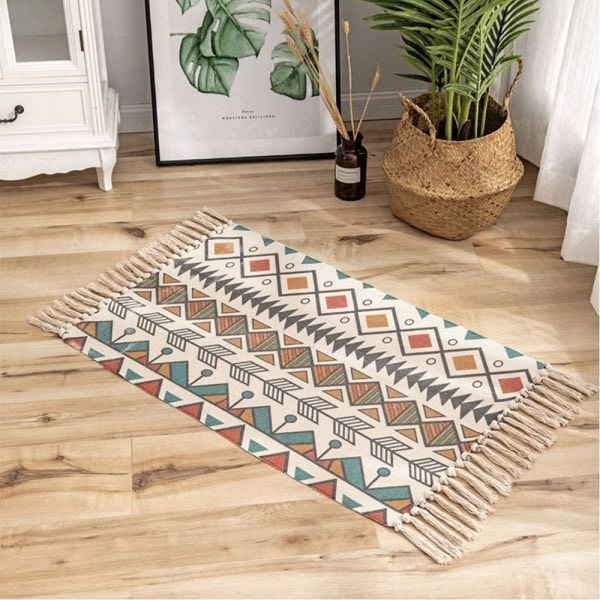 Tæpper Farverigt tæppe Små tæpper til stuen Marokkansk tæppe med kvaster Geometrisk trykt 60x90 cm Maskinvaskbart fladvævet tæppe