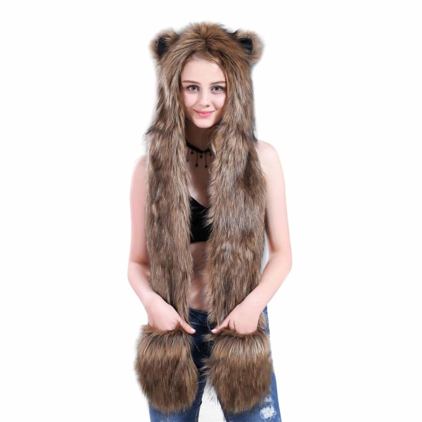 Wolf Faux Fur Party Dyrehue Tørklædehandsker Vanter til kvinder Mænd 3-i-1 Flush Furry Hættetrøje Kostume Hatte Blød varm hue Øreklap Beanie(A)