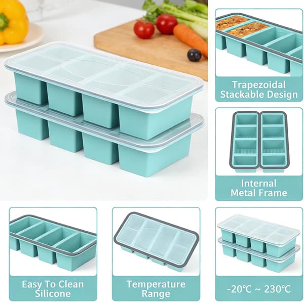 Souper Cubes Silikonfrys, Uppsättning av 2 Silikonfrysmuggar för Soppisbitar, 250 ml Extra Stor Frysförvaring med Lock