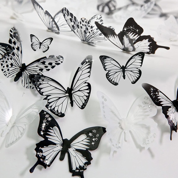 72 Stk 3D Butterfly Wall Decor Stickers Sort Hvid Aftagelig