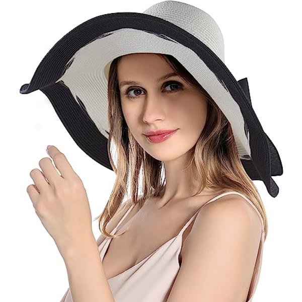 Solhatt for damer med bred brättad UV-beskyttelse, sommarhatt hopfällbar roll-up floppy strandhatt for women