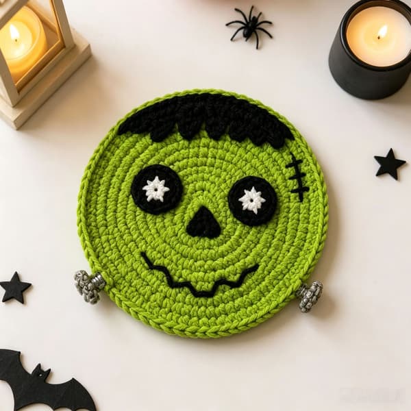 Hæklede Halloween-underlag, håndlavede græskar-spøgelses-monster-garn-drikkemåtter til borddekoration White Spiderweb