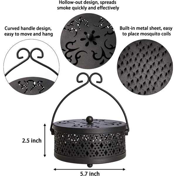 Myggspiralhållare, Retro Portabel Myggarökelsebrännare för hem och camping (svart)