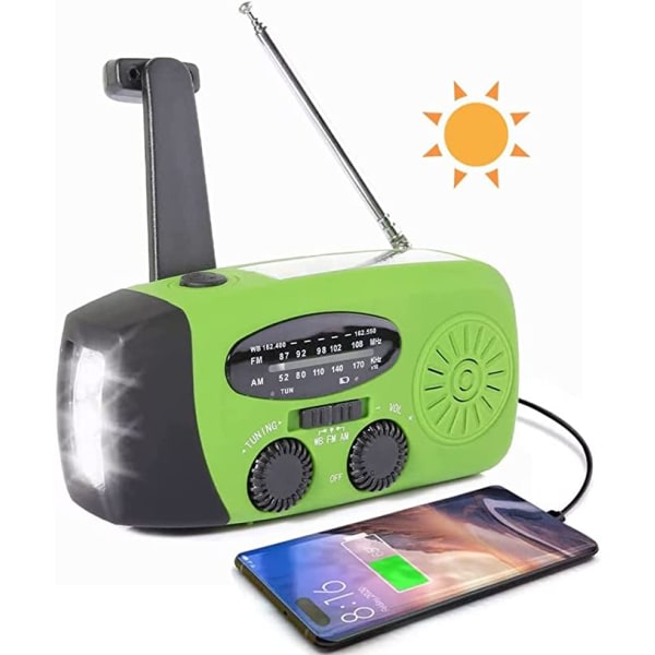 Grøn håndsving-radio med solpaneler, lommelygte og powerbank