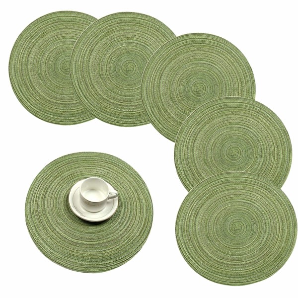 38 cm/15 tommer vævede runde dækkeservietter Varmeisolering Skridsikker flettet bomulds spisebordsmåtte (grøn, sæt med 6)