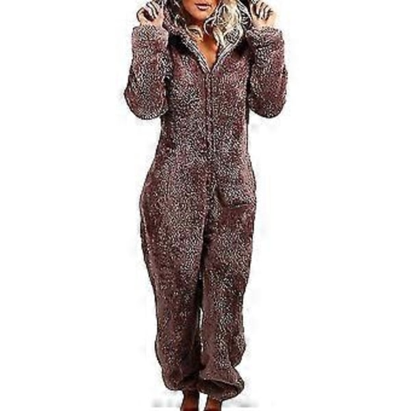 Dam Vinter Fluffig Fleece Huvtröja Helkroppsoverall V (2XL Kaffe)-XF7-