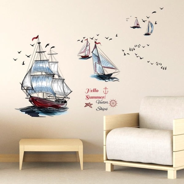 Tecknad segelbåt Väggdekal Hemdekoration Väggdekor PVC-dekal