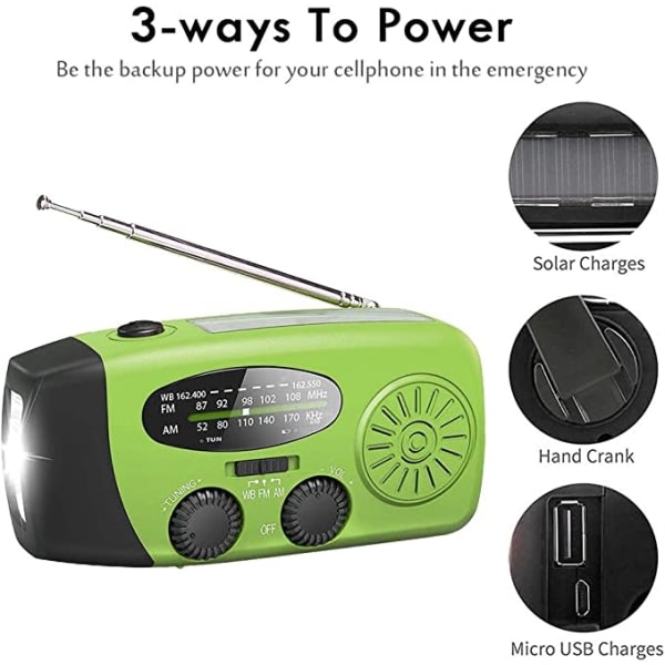 Grøn håndsving-radio med solpaneler, lommelygte og powerbank