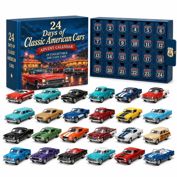 Julkalender med gjutna bilar 24 delar, klassisk vintagebilsamling prydnad, julklappsask