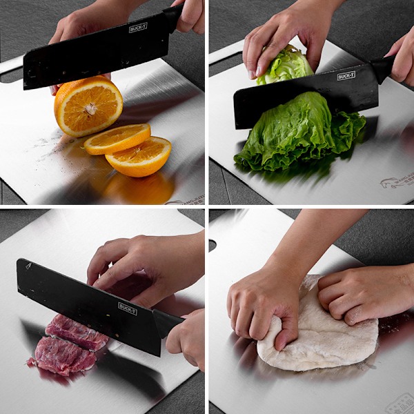 Skärbräda i titan - Rostfri skärbräda för kök 304 Livsmedelsgodkänd hackbräda för kött, frukt, grönsaker. Tål maskindisk. Kan hängas upp. H-XF4-