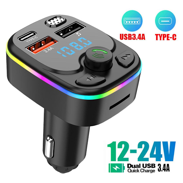 Auton langaton Bluetooth FM-lähetin MP3, USB, TYPE - C Laturi BlackA straight bar