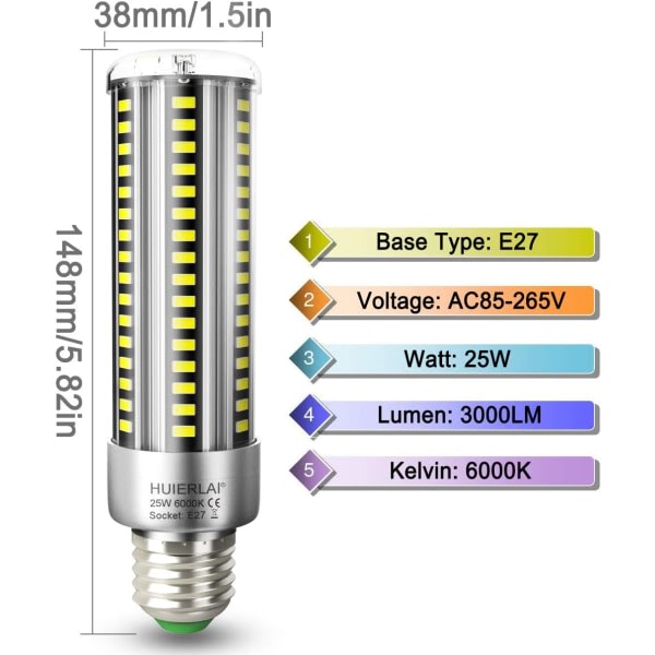 E27 LED majslampa 25W dagsljus vit LED-lampa 6000K 3000LM