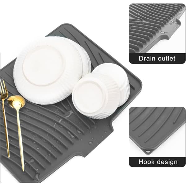 Silicone Dish Drying Mat, Silicone Dish Rack for Kitchen Counter, Heat Resistant Non-Slip Foldable Drainer Tray, 40 x 33 cm, Grey-FF-