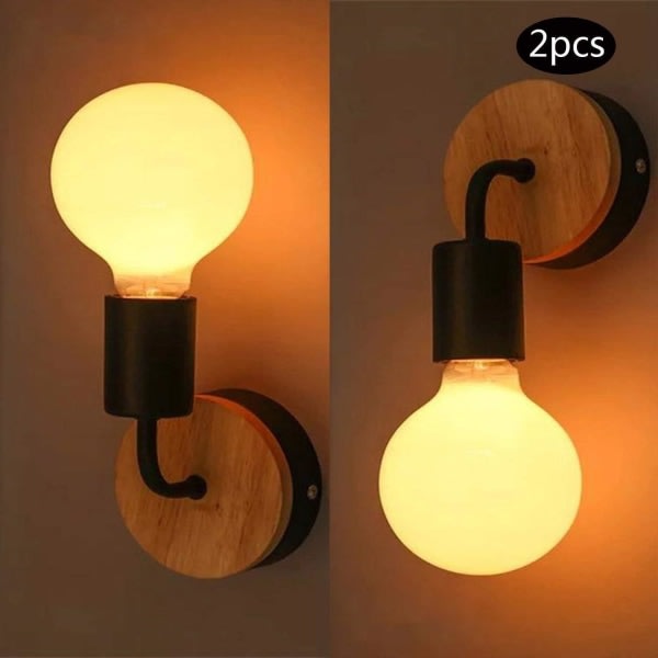 2 Pack Loft Svart Væglampe Simplicity E27 LED Järn og træplade (udan glödlampe)