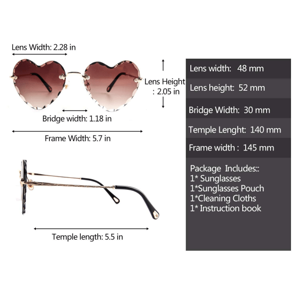 Hjertesolbriller Kantløs tynn metallramme Hjerteformet solglass