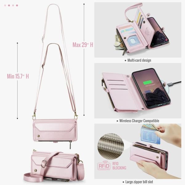 Samsung Galaxy S26 5G Case with Card Slot, Zipper Wallet, RFID Protective Leather Rosa