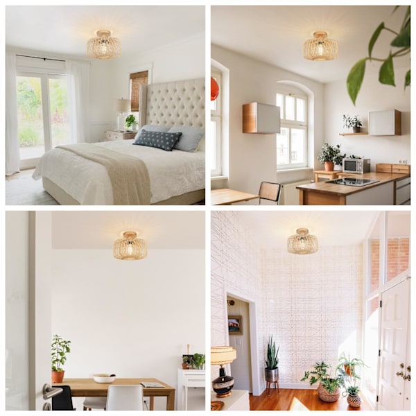 Vintage Bambu Taklampa - Retro Bambu Trä Lampskärm Taklampa E27 Lamphållare Boho Rottinglampa Ø30cm Hängande Lampa-XM4-