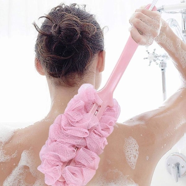 Badborste med långa håndtag Ryggskrubber Duschkroppsborstar Svamphängande mjukt mesh (rosa)