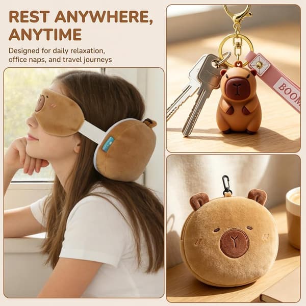 Capybara resekudde 2-i-1-set med sovmask och nyckelring