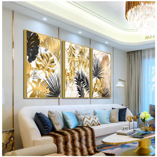 Sæt med 3 designer vægplakater Skov gyldne blade Palmetræ Uindrammet stue vægdekoration