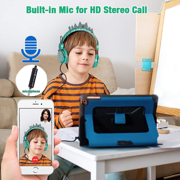 Barnehodetelefoner Gutter, Dinosaur-hodetelefoner med ledning m/mikrofon 3,5 mm-kontakt