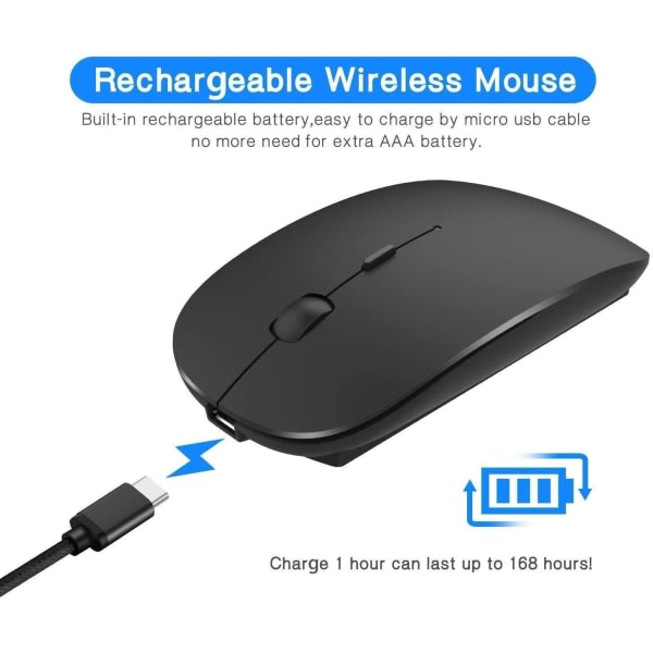 Bluetooth mus, uppladdningsbar trådlös mus, trådlös Bluetooth mus för bärbar dator/PC/Mac/iPad pro/dator (svart)