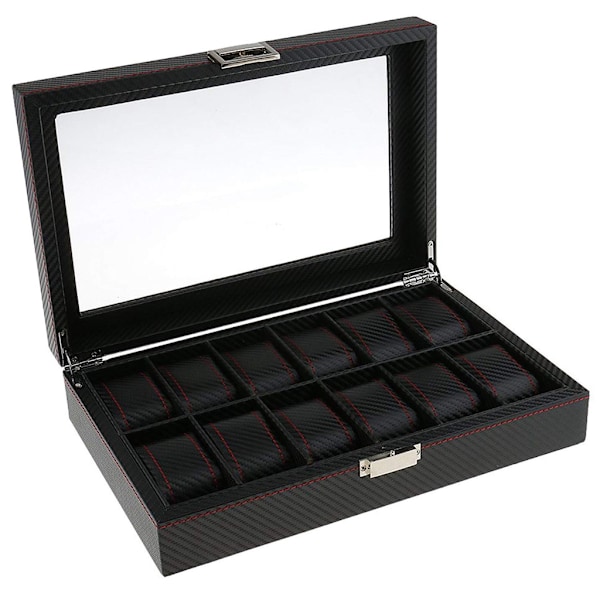 12-klockors klockbox - Lyxmodell i svart kolfiber med röda sömmar 1735