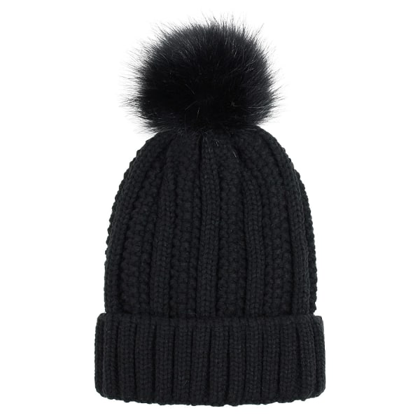 Strikket hue til kvinder med satinfor Pom vinter varm kasket Bobble hat hår Beskyttende silkeagtig strækstrikket hue, sort