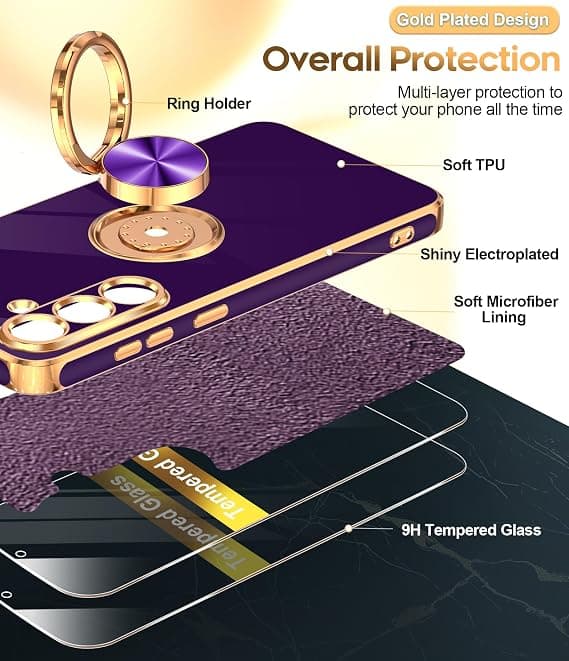 LeYi for Samsung Galaxy S25 FE Case, 2-Pack Screen Protector, 360° Rotatable Ring Holder, Magnetic Stand, Rose Gold Edge, D-Purple D-purple