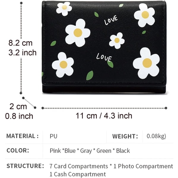 Steam Wallet Liten Trifold Flower Wallet PU-läderväska Svart