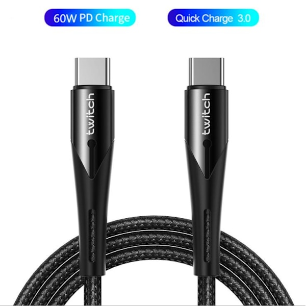 USB-C till USB-C-kabel, snabbladdning, 60 W, 2,4 A, 0,5 m, svart