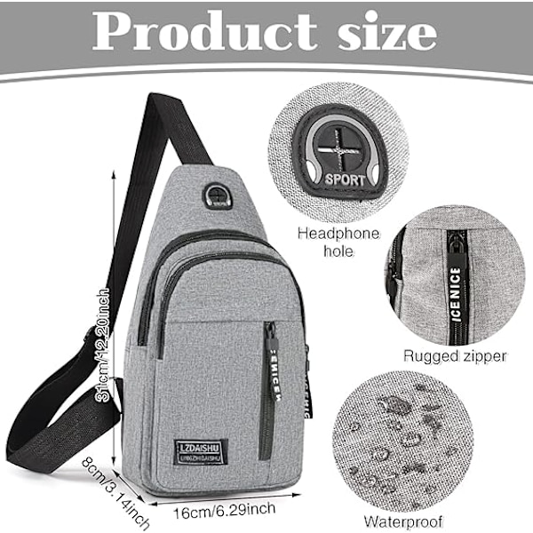 Liten ryggsäck för män Lättvikts ryggsäck i nylon Sling Stöldskydd Casual Herr Kvinnor Bröstväska för vandring Cykling Utomhus Resande（Grå） Gray