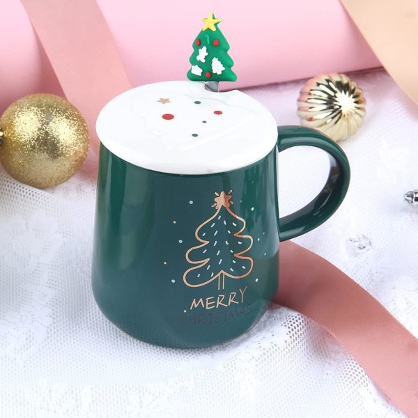 Julgranskopp, keramisk kaffekopp, med lock och rostfri sked, julklapp