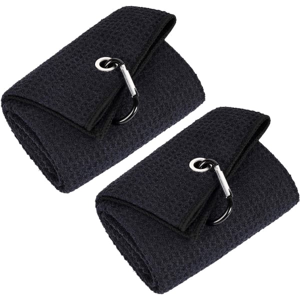 2 golfhånddukar | Premium mikrofibertyg | Våffelmønster | Kraftig karbinhake, sort