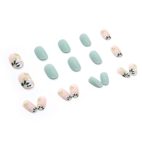 Mandelpress på naglar Medium lösnaglar med blommor Design Gröna naglar för kvinnor 24 st/ set