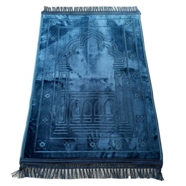 Skjul blått, Mihrab-stil fløyels bønneteppe | Muslimsk bønneteppe | Størrelse: 120 x 80 cm - Laget i Tyrkia