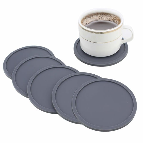 Coasters Sæt med 6, silikone skridsikre vaskbare kopmåtter, grå