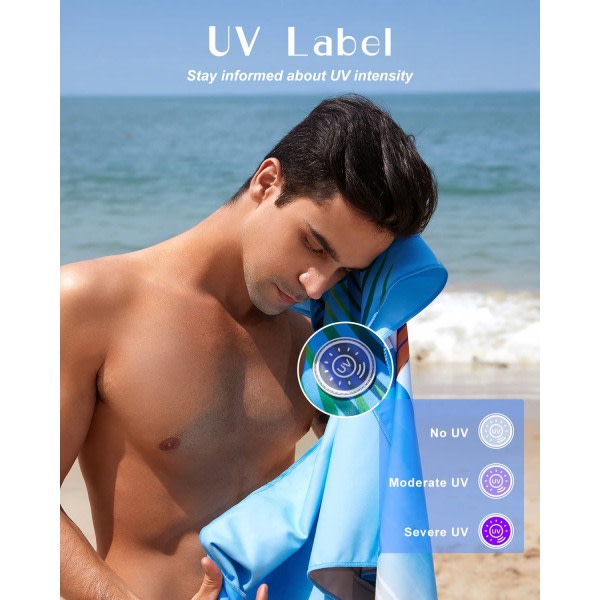 Strandhåndklæde med UV-etiketter, strandmåtte, mikrofibermateriale, sand