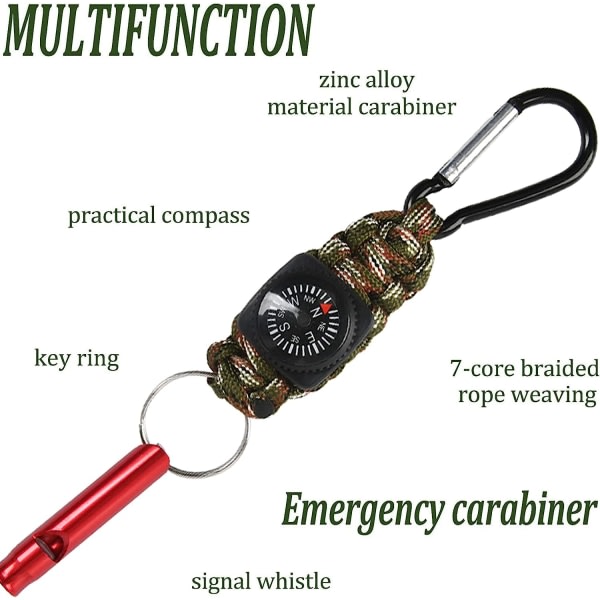3st 4 i 1 Paracord nyckelring, Paracord nyckelring for navigering Kompass Survival Whistle, multifunksjonell karbinhake for campingvandring